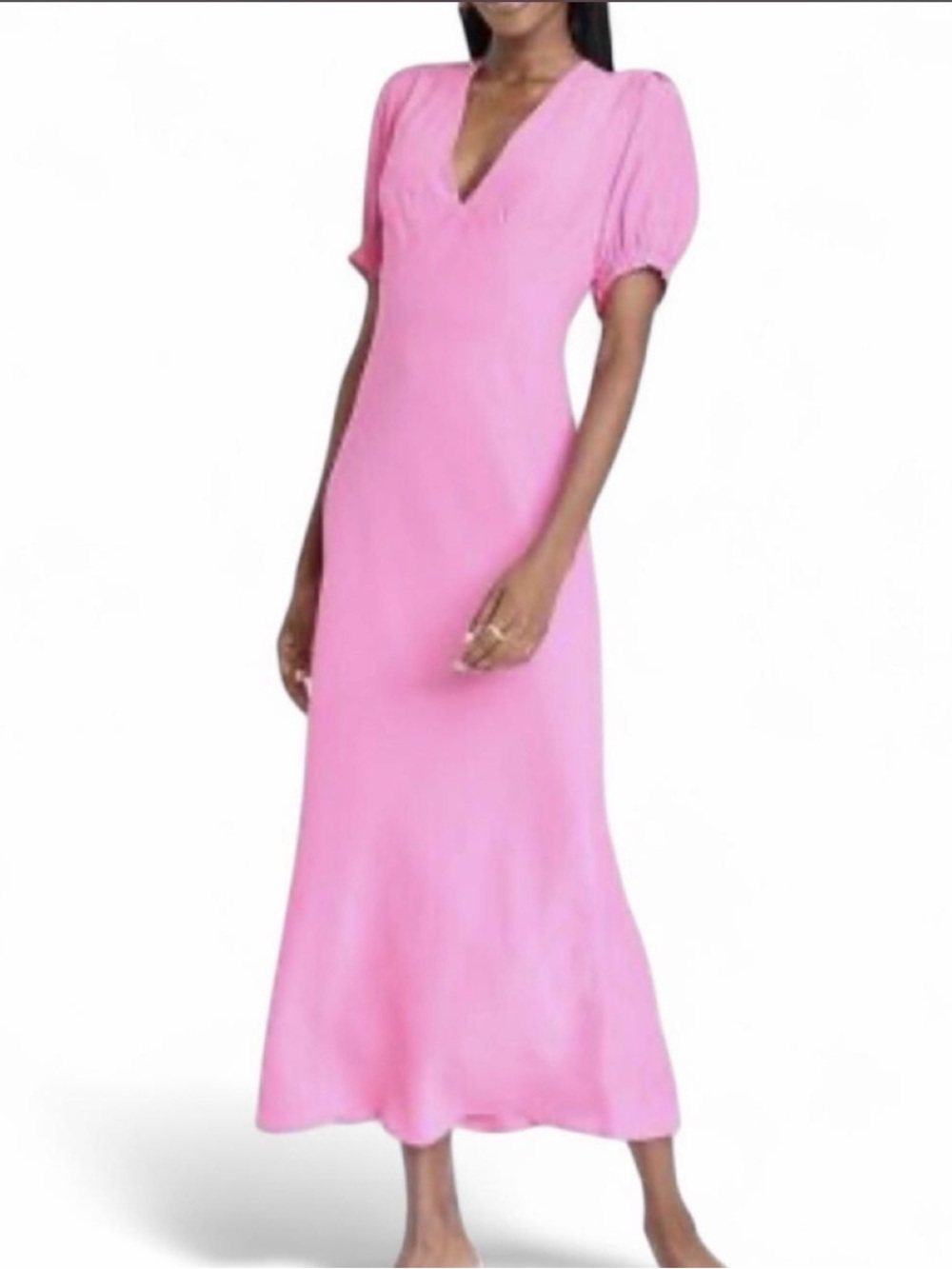 Pink V-Neck Midi Dress with Puff Sleeves
